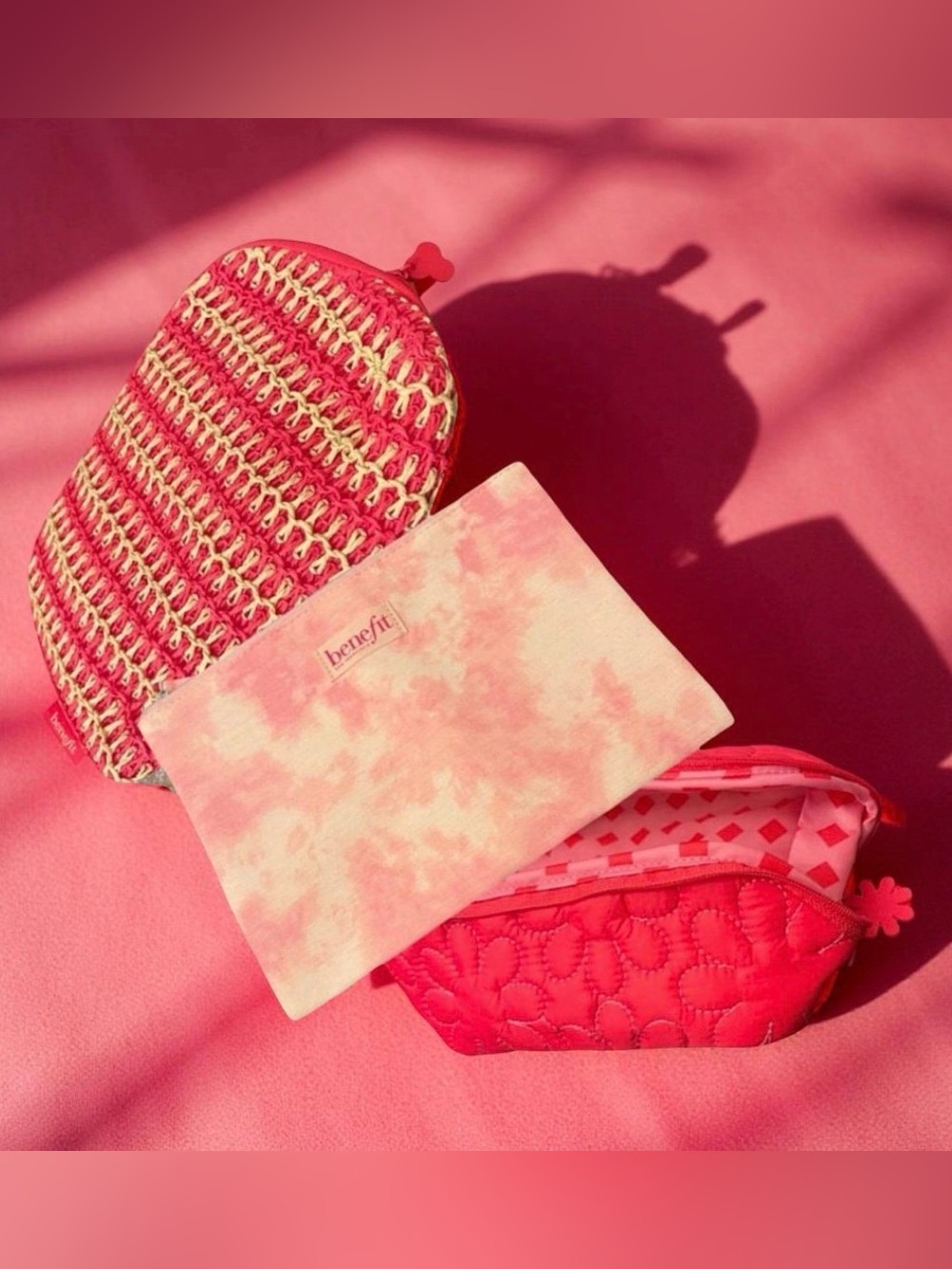 Benefit Bundle Set of 9 Cosmetic Bags Vibrant Pink & Cream!